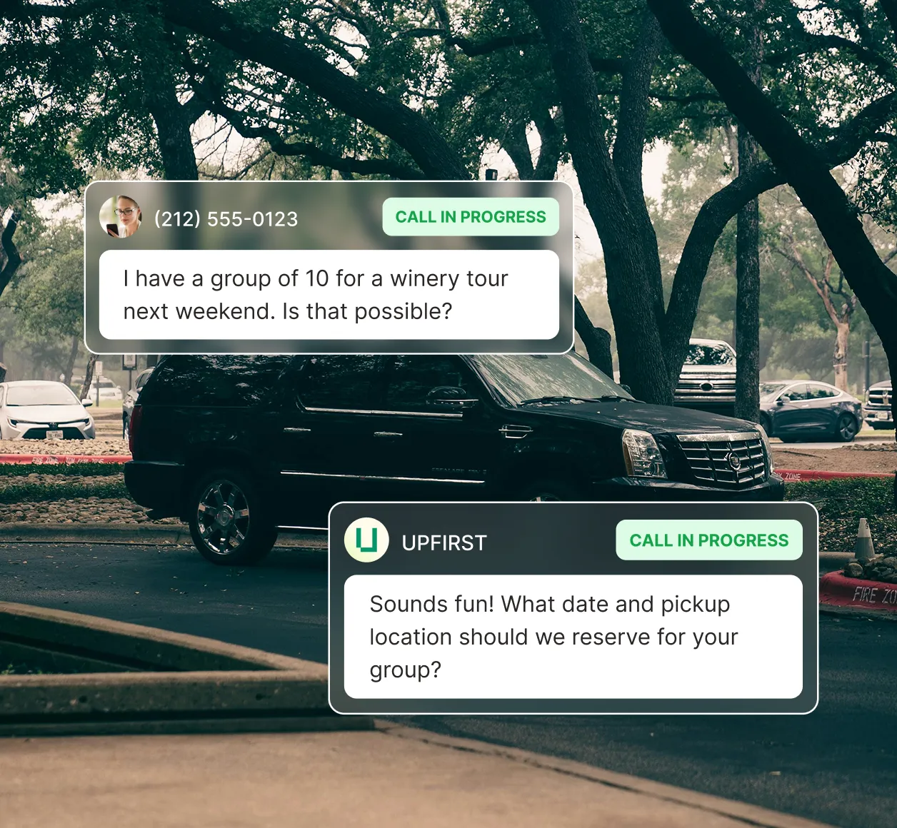 A caller asks about arranging a winery tour for a group while the transportation answering service replies by asking for the date and pickup location.