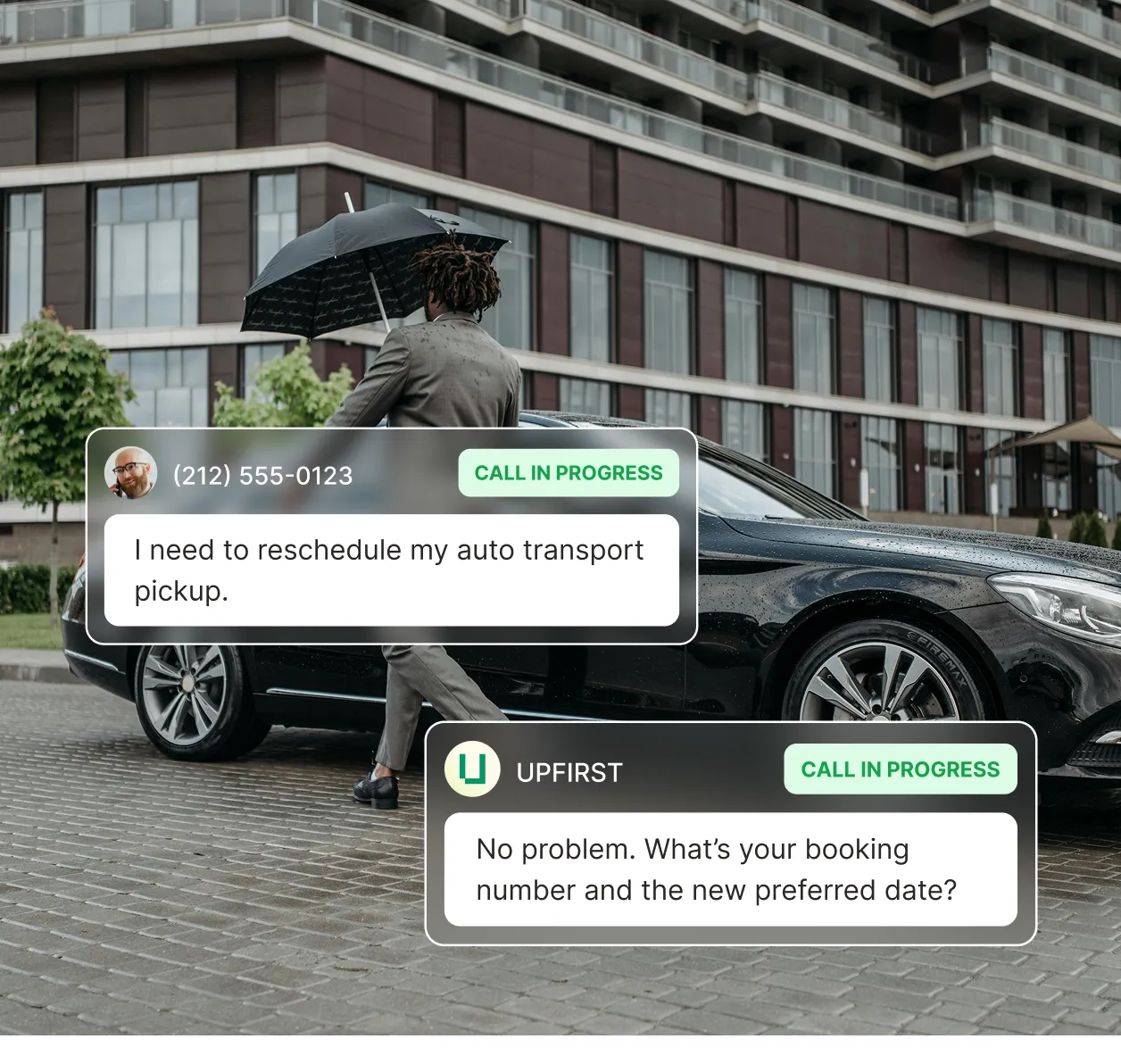 A man with an umbrella stands beside a black car while a caller asks to reschedule auto transport pickup and the transportation answering service requests the booking number and new date.