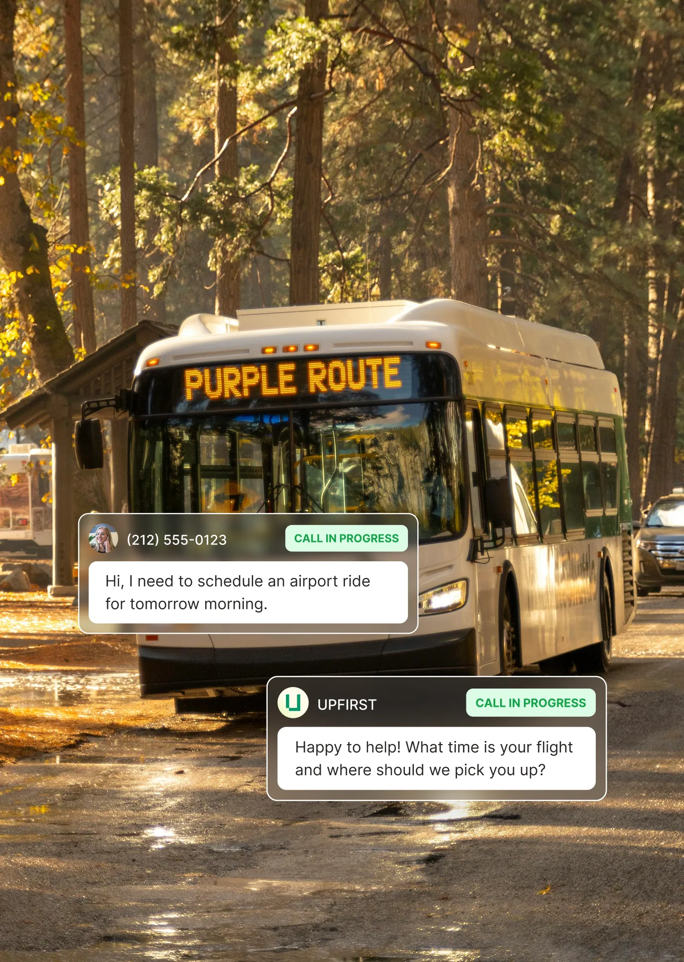 A city bus labeled Purple Route drives through a wooded area while a caller schedules an airport ride and the transportation answering service asks for flight time and pickup location.