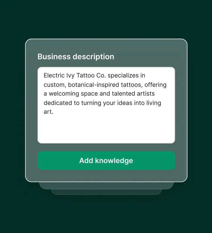 A business description field shows a tattoo shop adding details so the tattoo answering service can answer calls accurately.