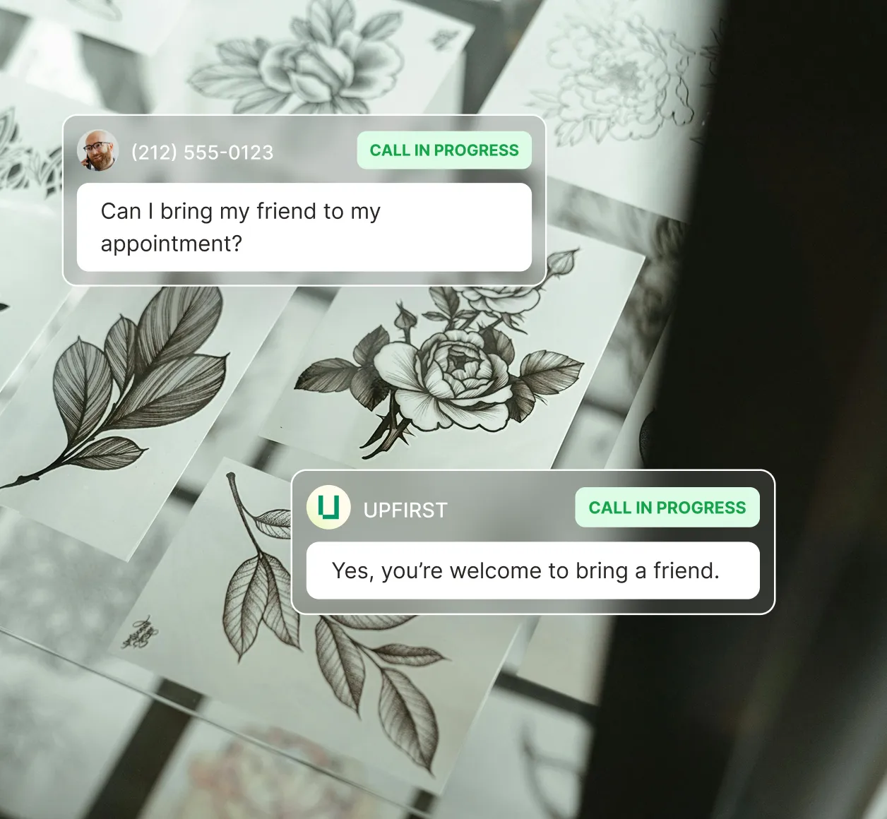 A caller asks if they can bring a friend to their tattoo appointment and the answering service for tattoo shops confirms they can.