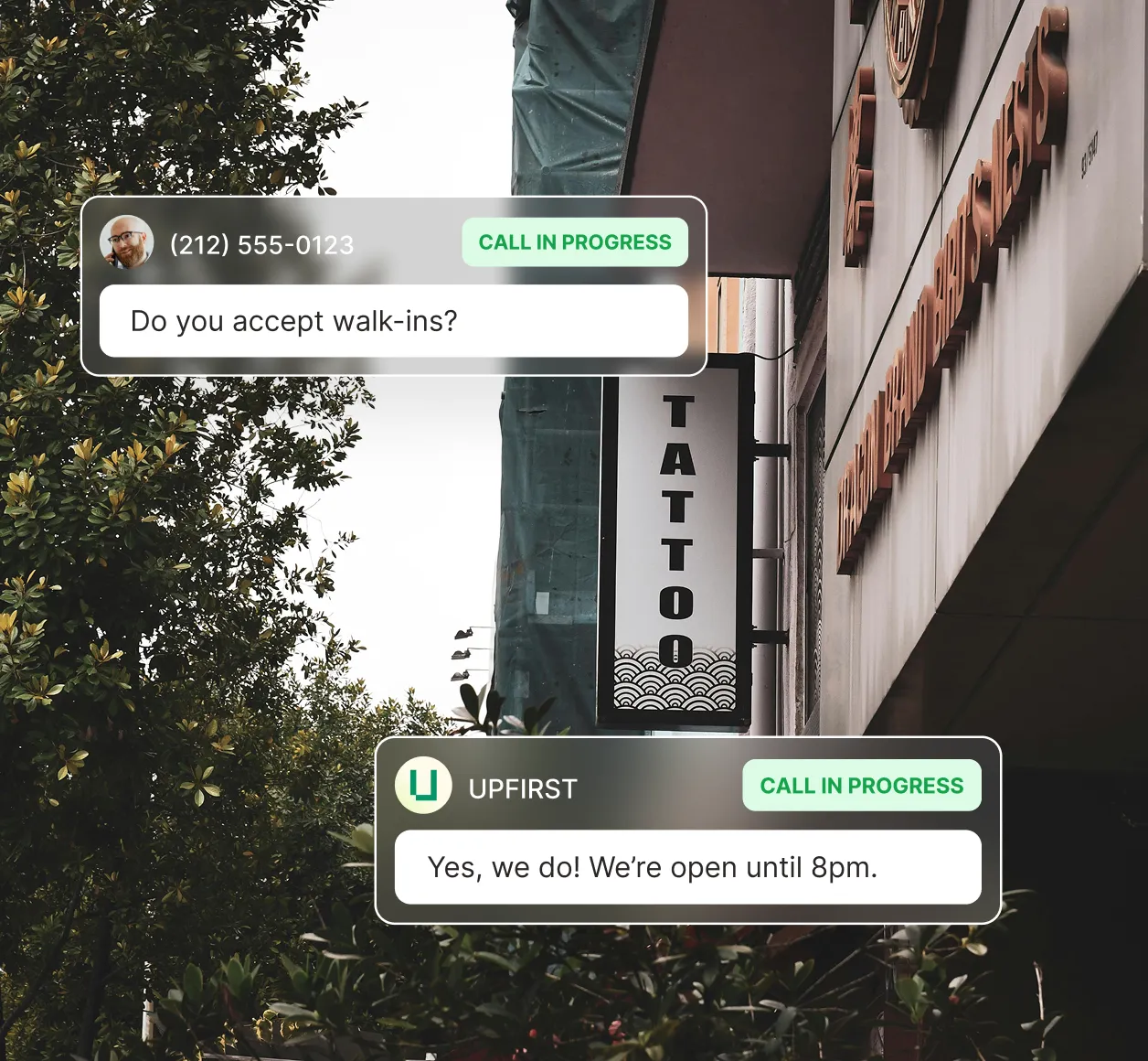 A caller asks if the tattoo shop accepts walk-ins and the tattoo shop answering service replies with the shop’s hours.