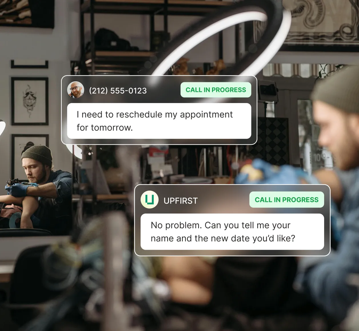 A caller asks to reschedule their tattoo appointment and the tattoo answering service requests their name and new date.