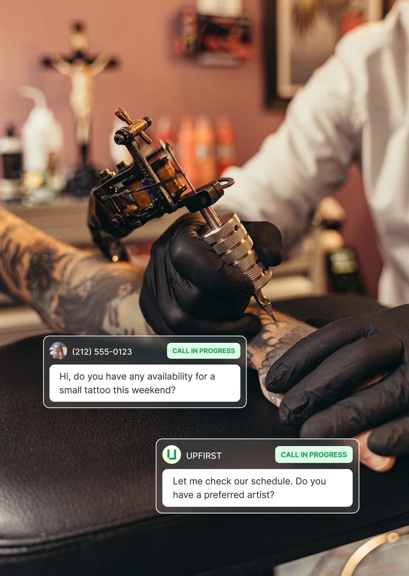 A caller asks about weekend tattoo availability and the tattoo answering service checks the schedule and asks for the preferred artist.