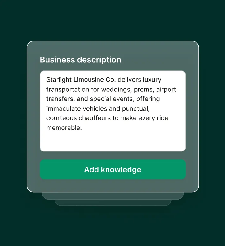 A business description card is displayed showing details about a limousine company for the answering service for limousine companies to use as stored knowledge.