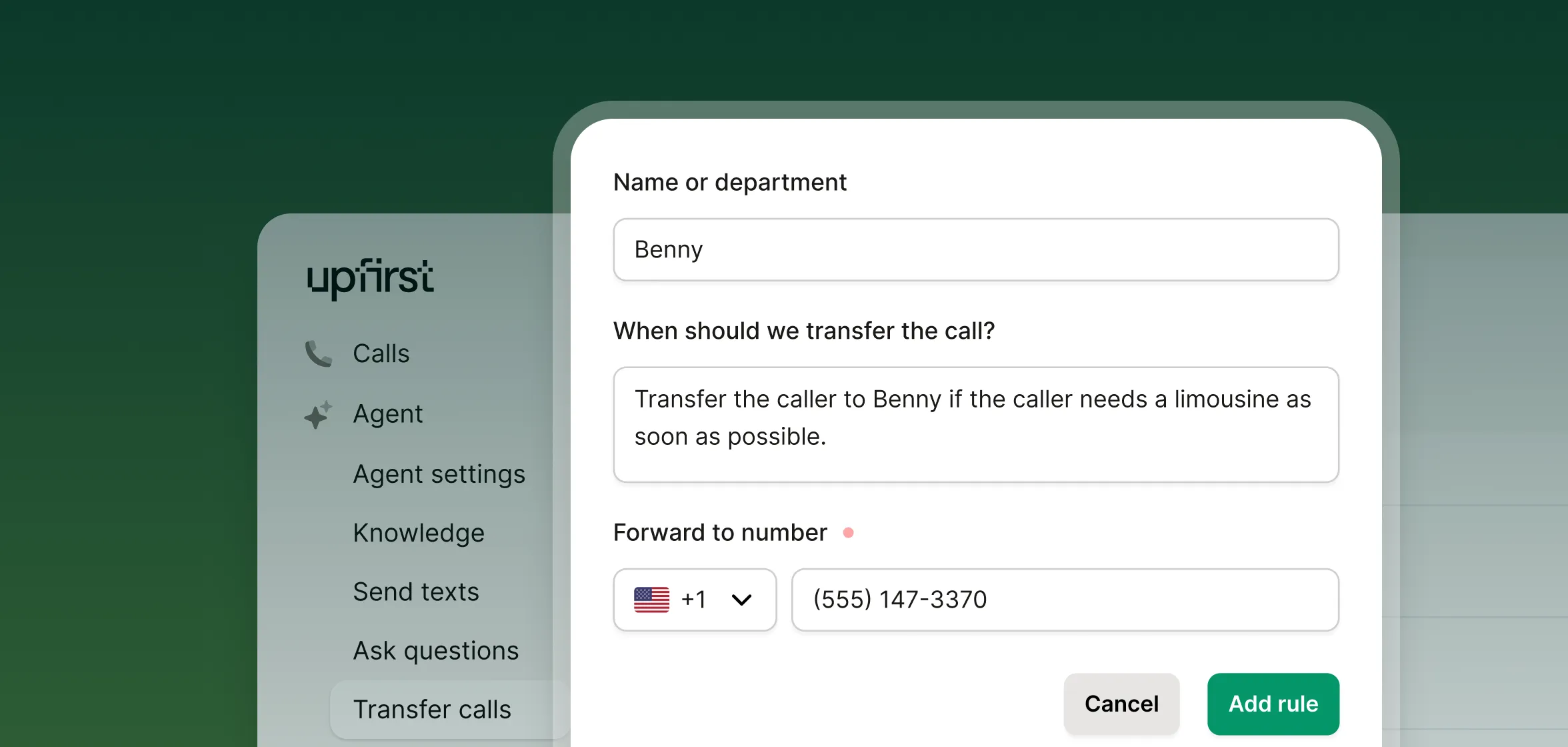 A settings screen shows a rule that transfers calls to Benny when a caller urgently needs a limo, demonstrating how an answering service for limos manages call routing.
