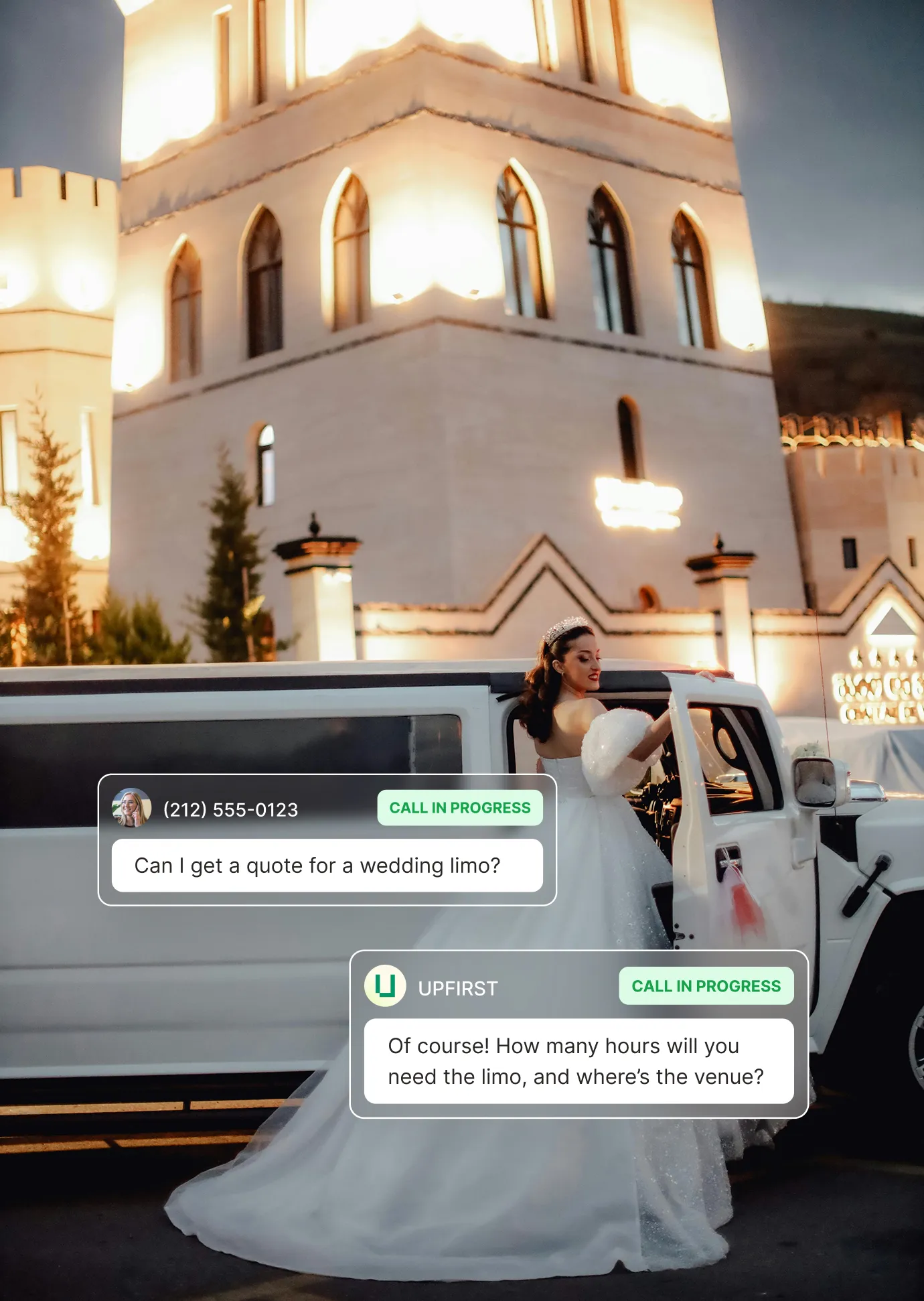 A bride steps into a white limousine while a caller asks for a wedding limo quote and the limo answering service replies with follow-up questions.