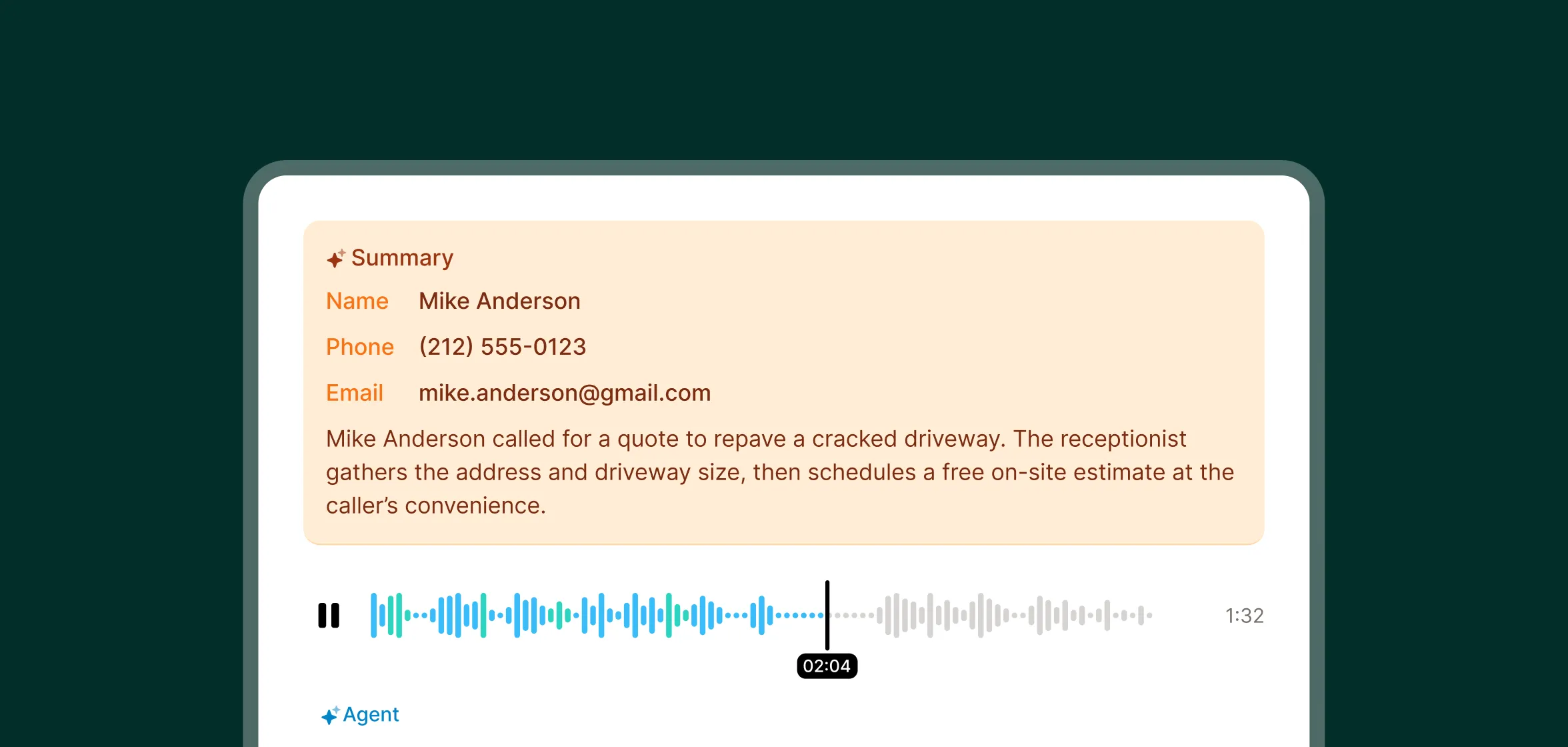Detailed call transcript showing contact information and project summary for paving estimate request made to a paving contractors answering service..
