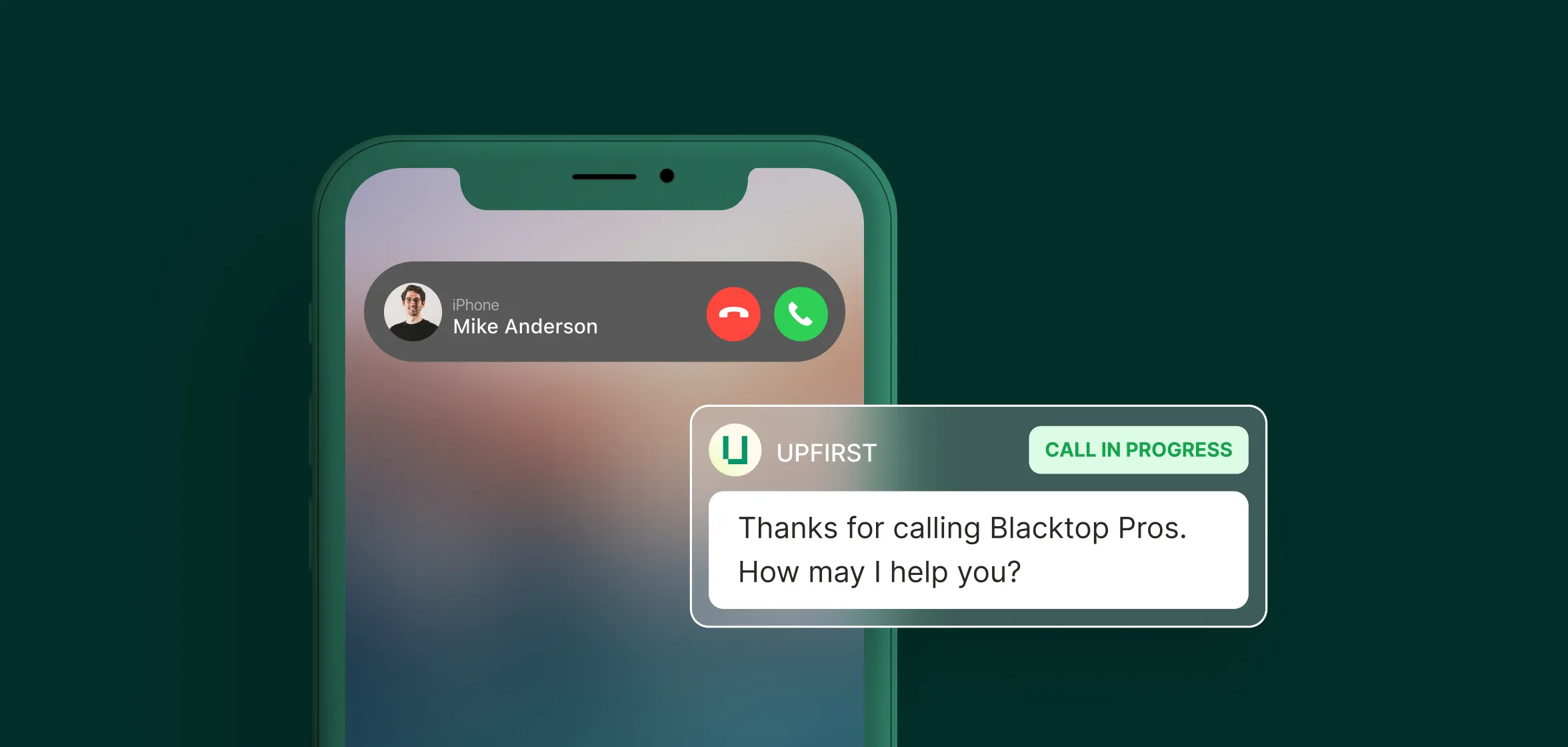 Incoming phone call screen showing paving answering service greeting caller for Blacktop Pros paving company.