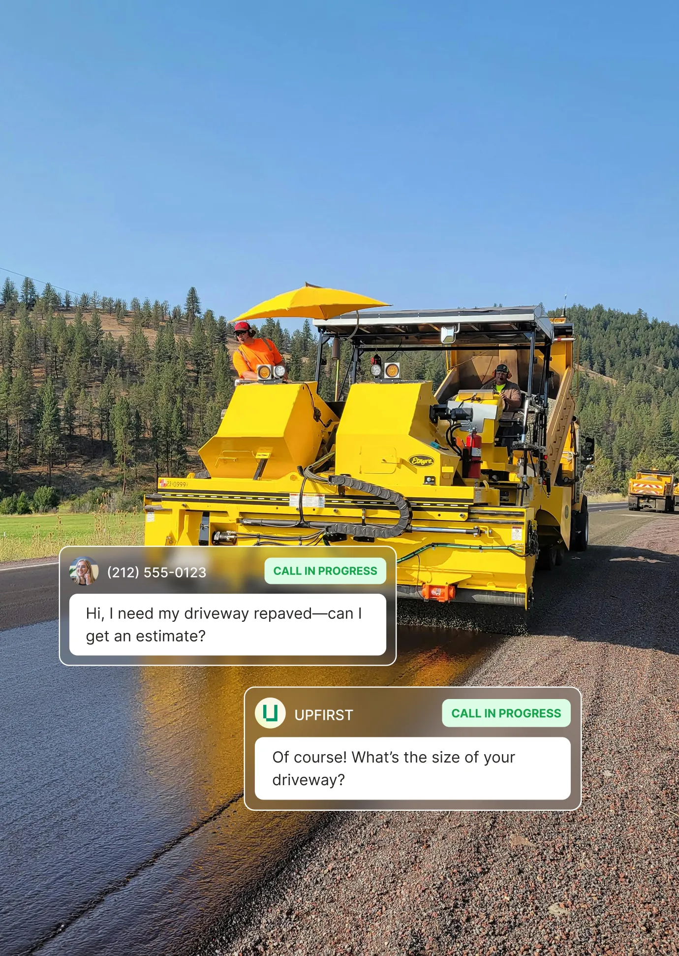 Paving answering service live conversation collecting driveway size information for repair estimate.