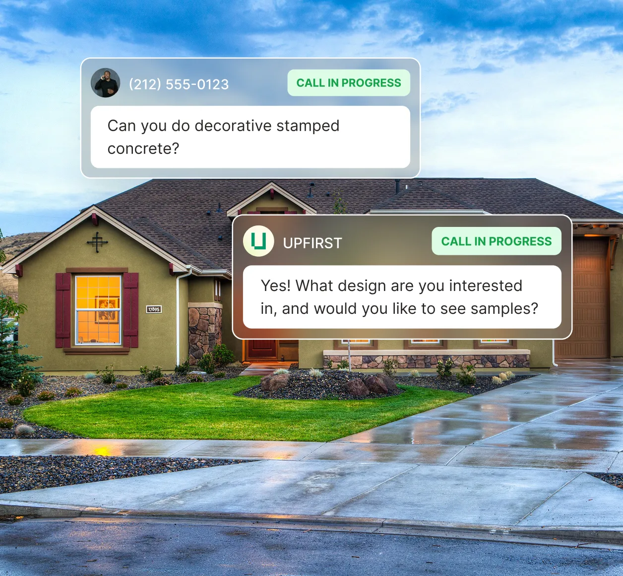 Paving answering service conversation where AI agent responds to decorative stamped concrete inquiry with design questions.