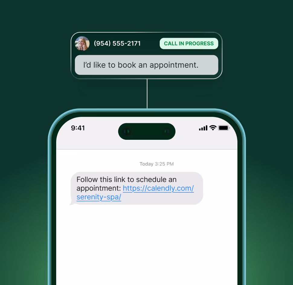 Image illustrating our AI answering service's texting abilities. A caller requests an appointment the AI receptionist sends a booking link. 