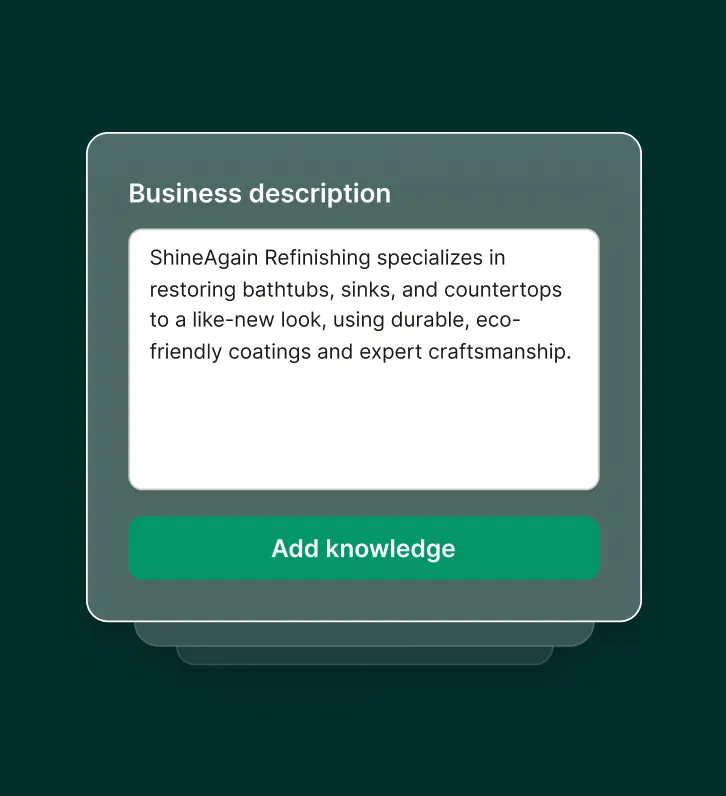 Refinishing company answering service business description setup screen for bathtub and countertop restoration services.