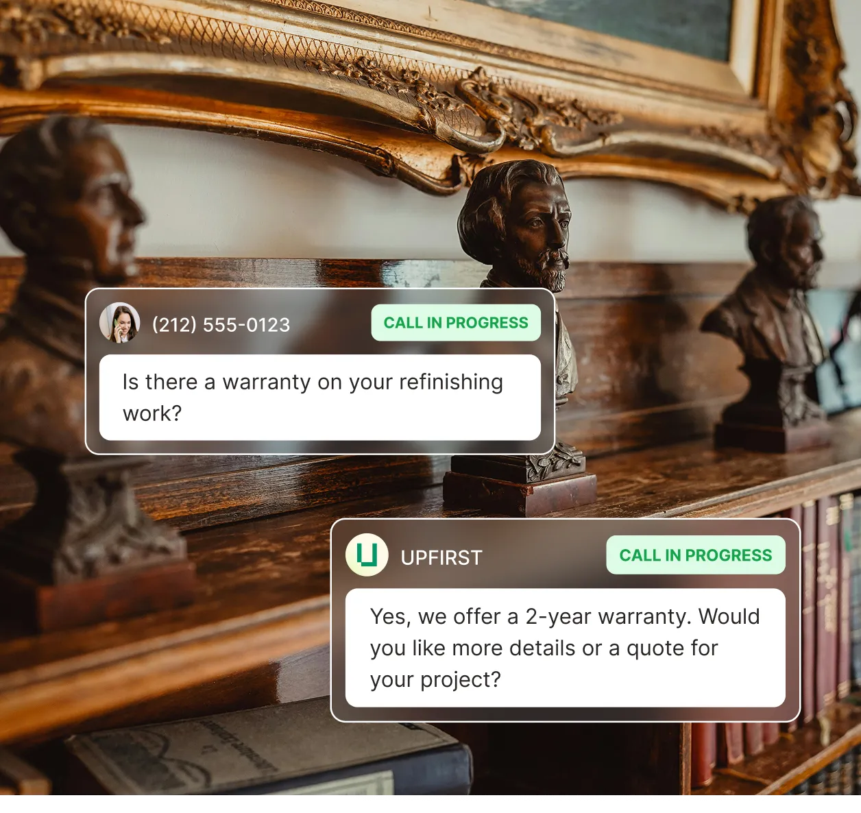 Refinishing company answering service providing warranty information and offering project quotes to callers.