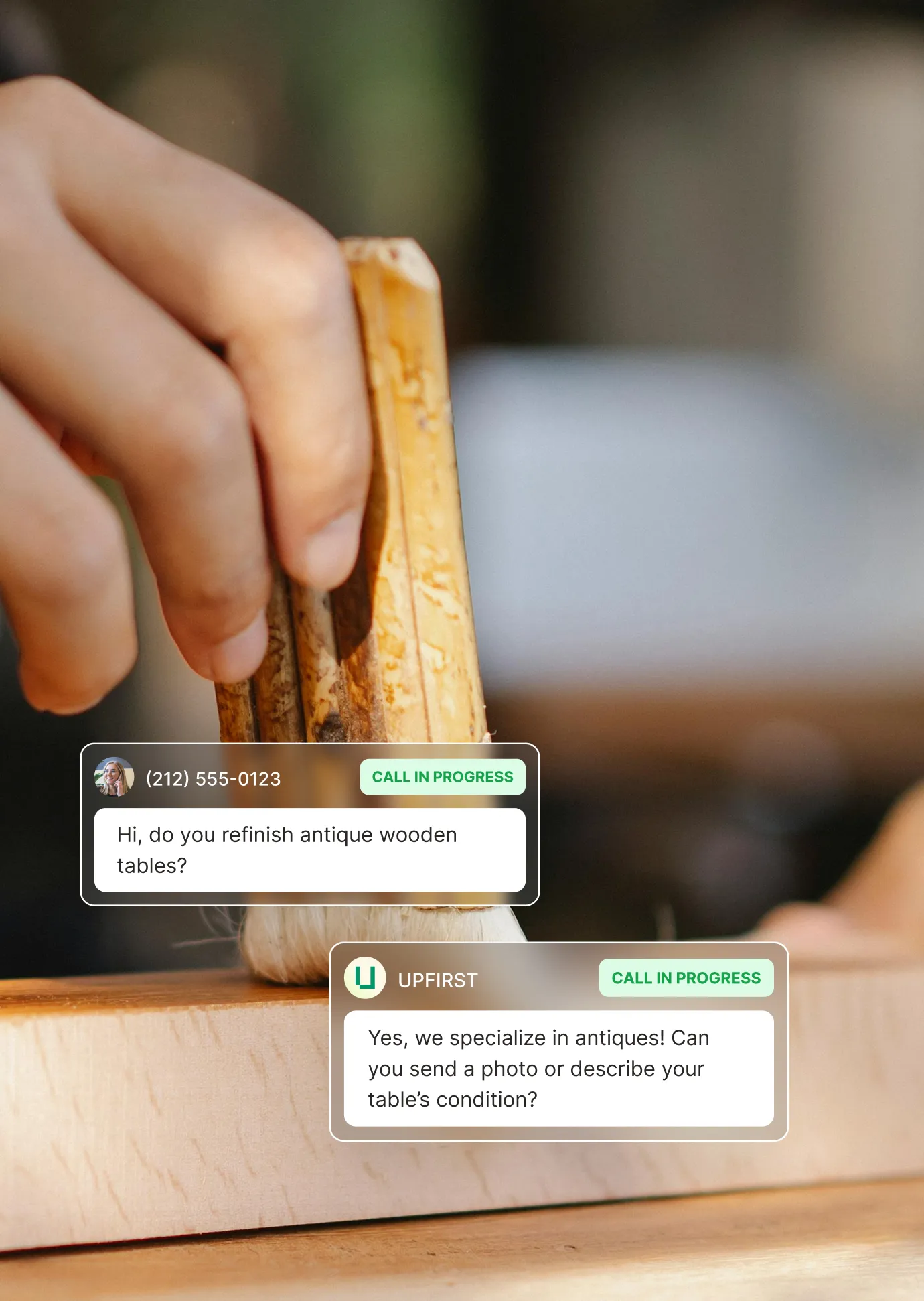 Refinishing answering service handling an antique wooden table restoration inquiry and requesting project details.