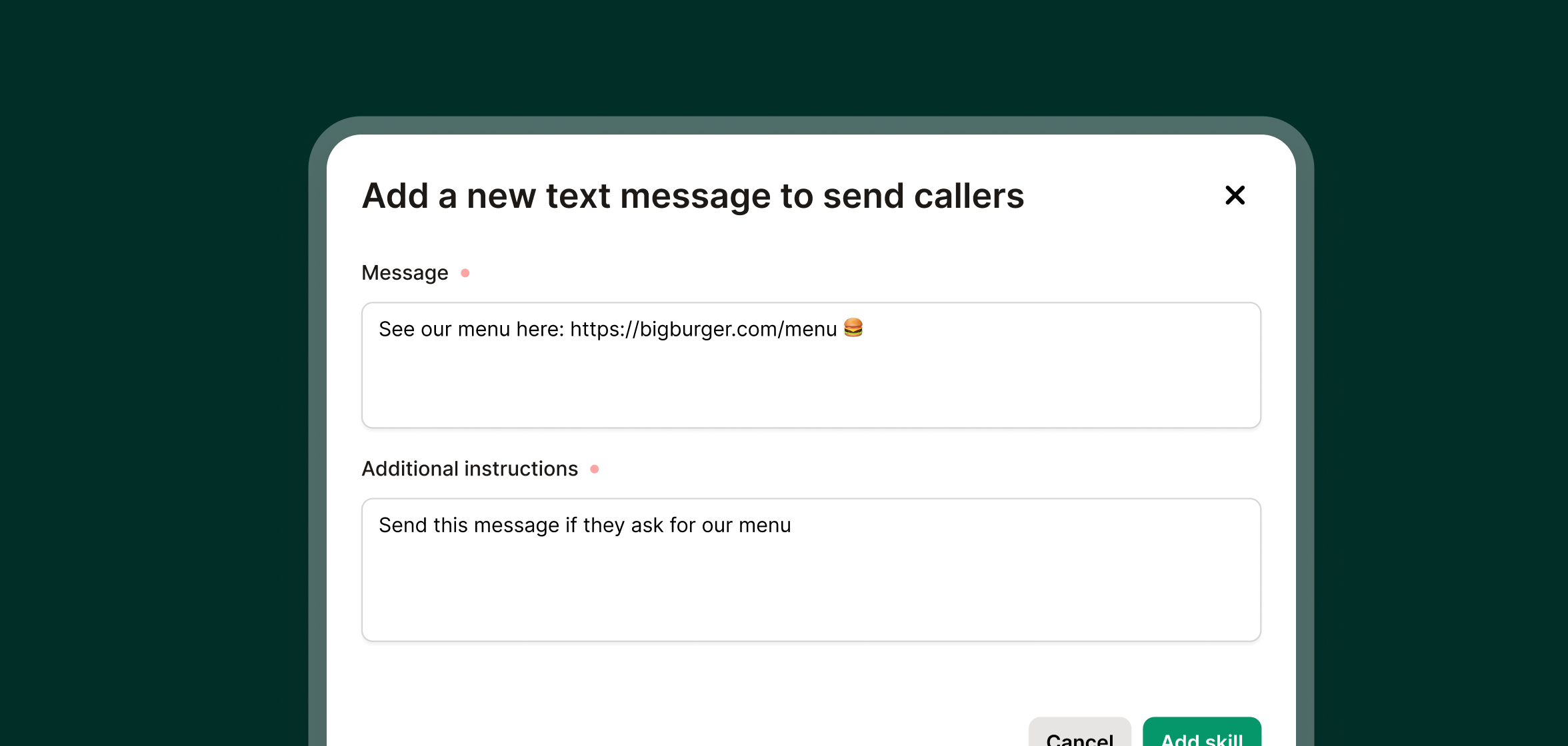 Upfirst AI receptionist setup screen showing how a real estate agent can add info about showing availability and buyer/seller services.