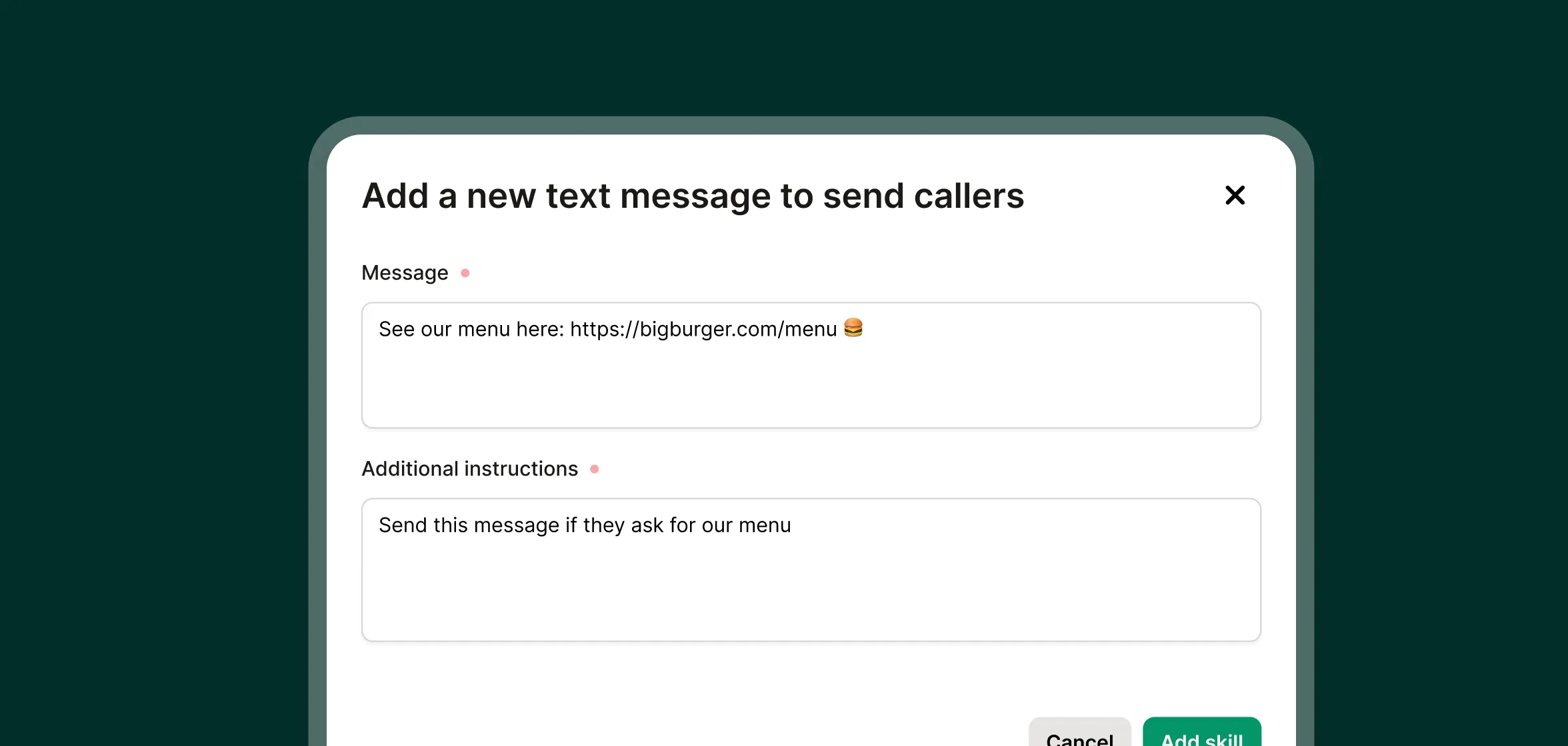 Upfirst AI receptionist setup screen showing how a real estate agent can add info about showing availability and buyer/seller services.