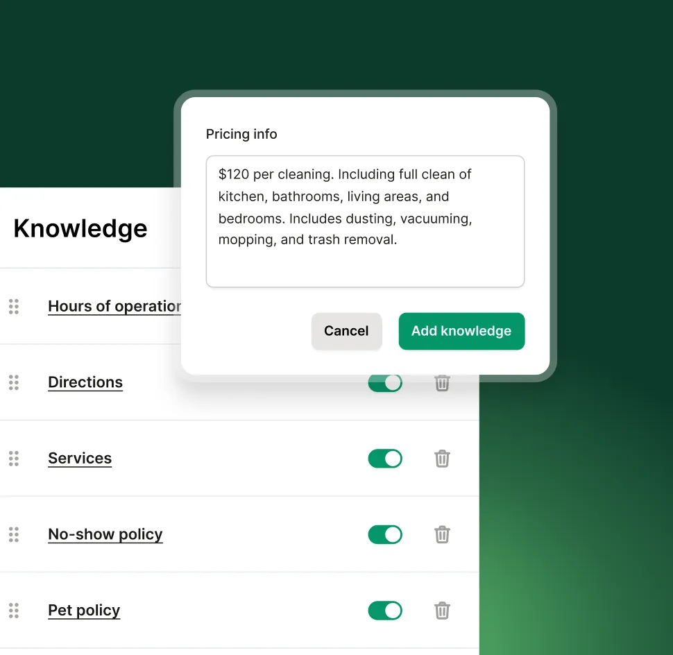 Upfirst knowledge base interface showing toggled-on topics like hours of operation, directions, services, and pet policy.
