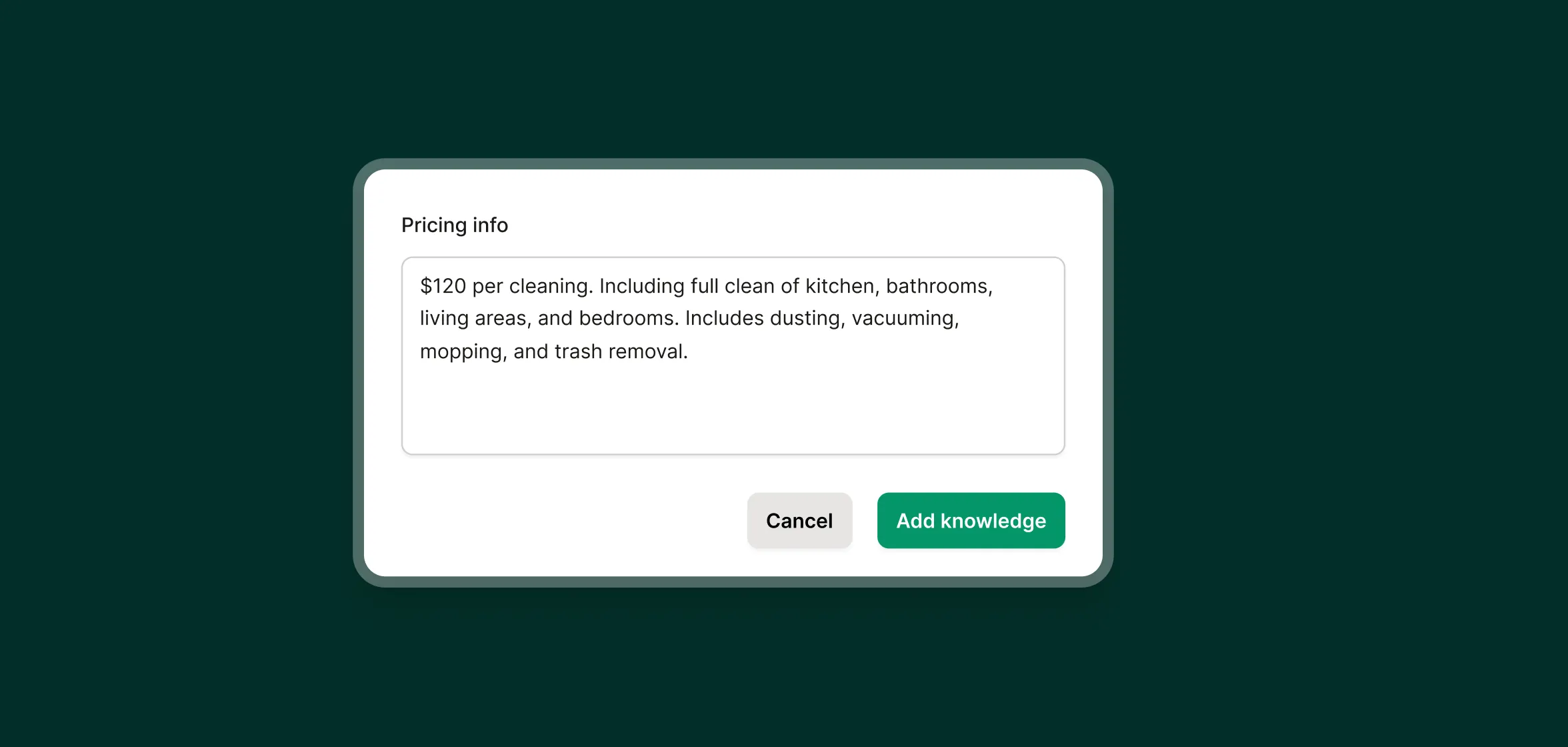 Upfirst AI receptionist setup screen showing how a real estate agent can add info about showing availability and buyer/seller services.