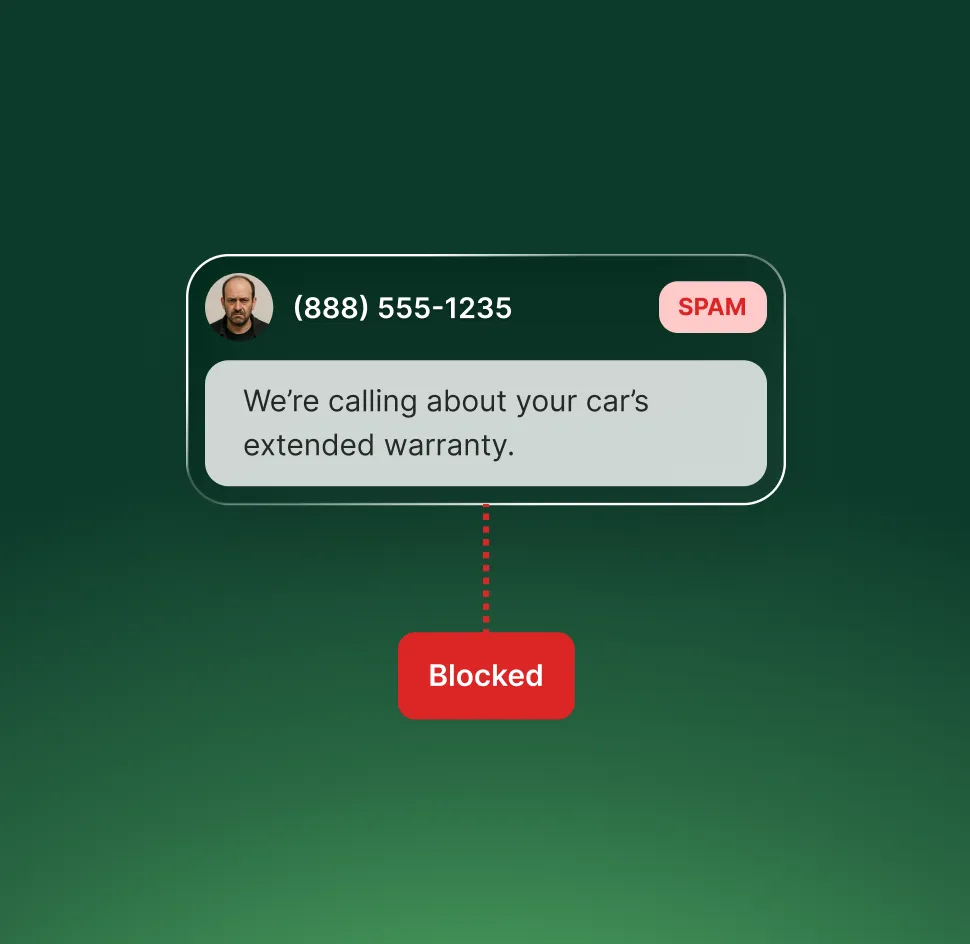 Visual example of a spam call from a toll-free number blocked by Upfirst AI receptionist with a red spam label and blocked status.