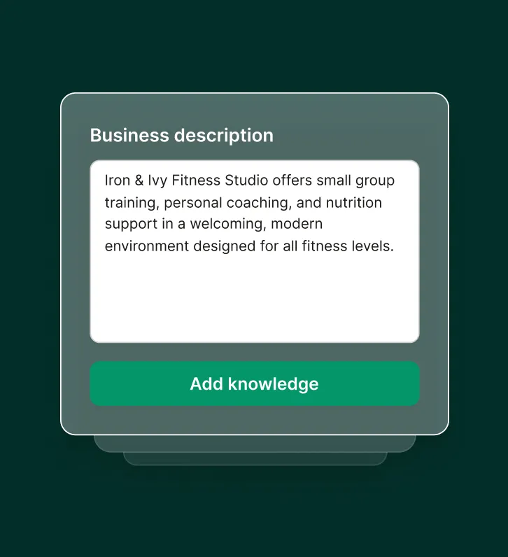 Example of adding business details for a gym answering service including a description of training services and fitness offerings.