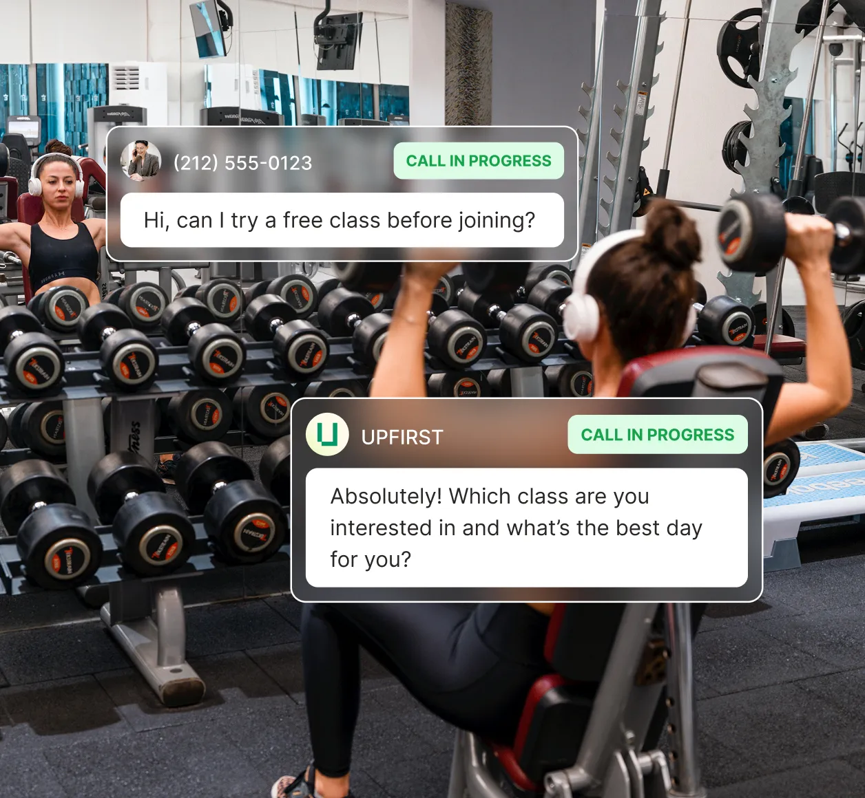 Example conversation of a fitness center answering service where a caller asks about trying a free class and receives scheduling assistance.