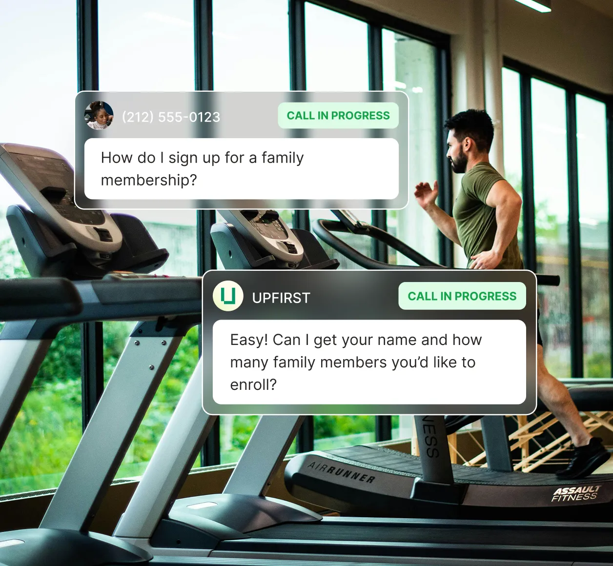 Example conversation of a gym answering service helping a caller sign up for a family membership by collecting enrollment details.
