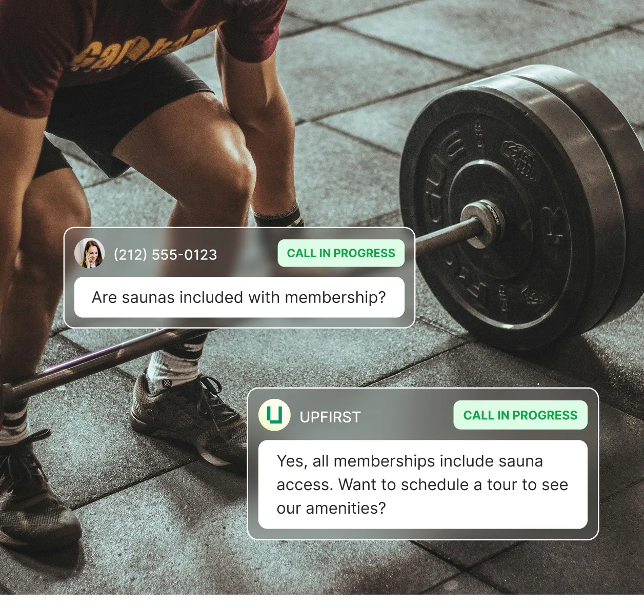 Example conversation of a gym answering service answering a membership amenities question about sauna access.