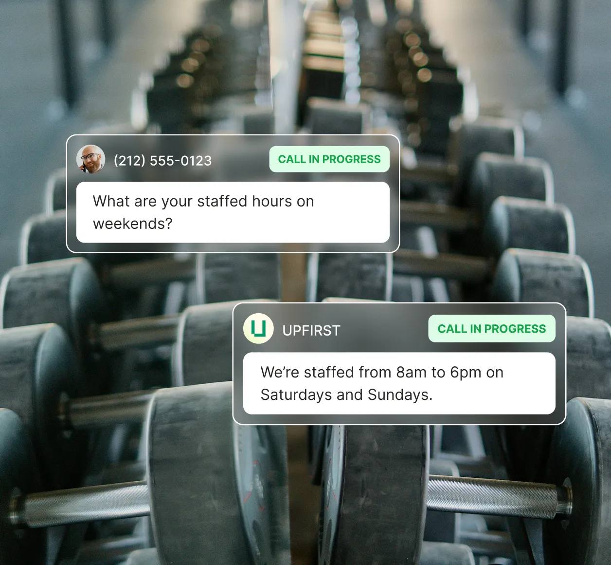 Example conversation of an answering service for gyms providing weekend staffed hours information to a caller.