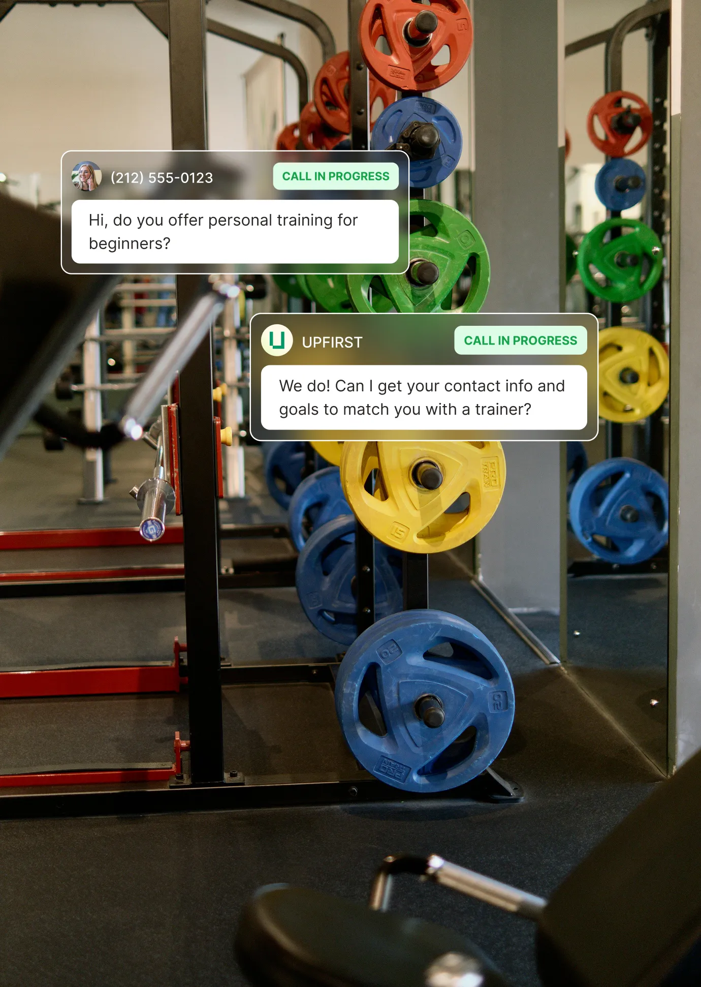 Gym answering service feature image showing a caller asking about personal training and receiving assistance with trainer matching.