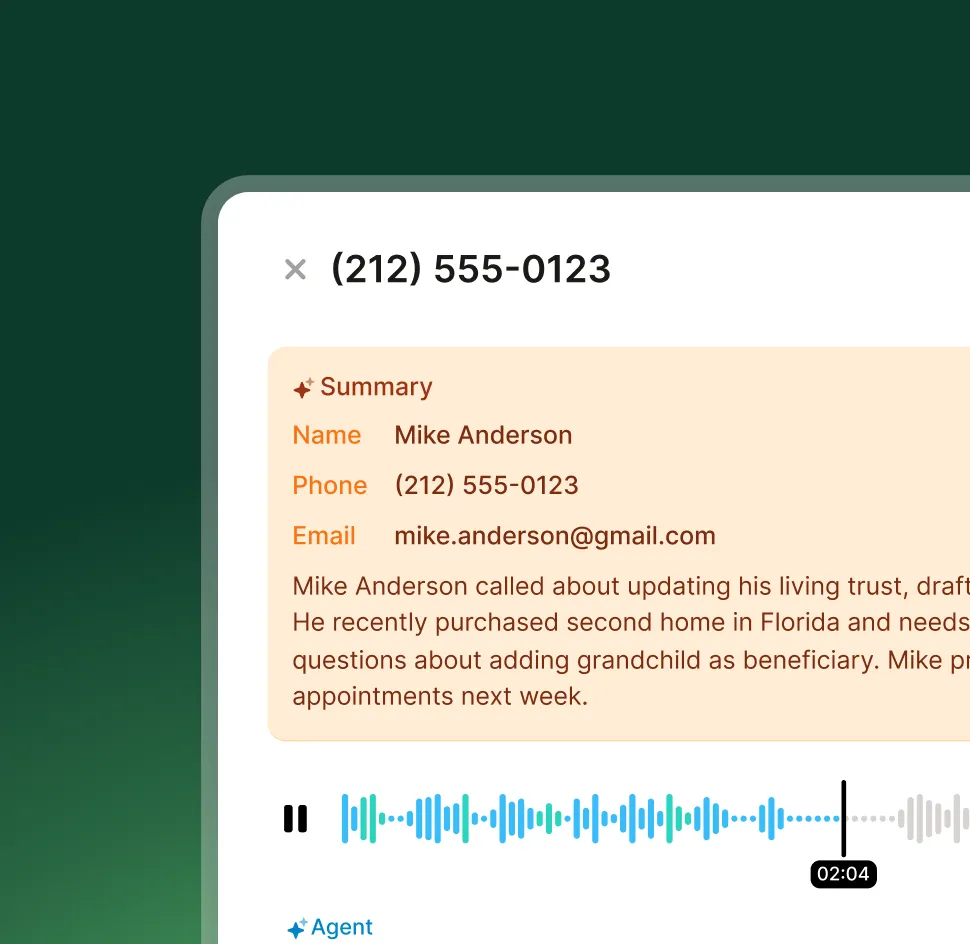 AI receptionist with call summaries displaying Mike Anderson's contact information and trust update inquiry with audio playback.