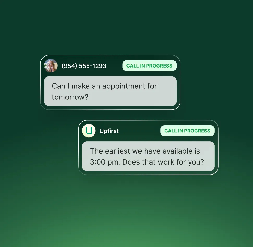 Upfirst AI receptionist with scheduling features handling an appointment request and offering available time slots during a live call.