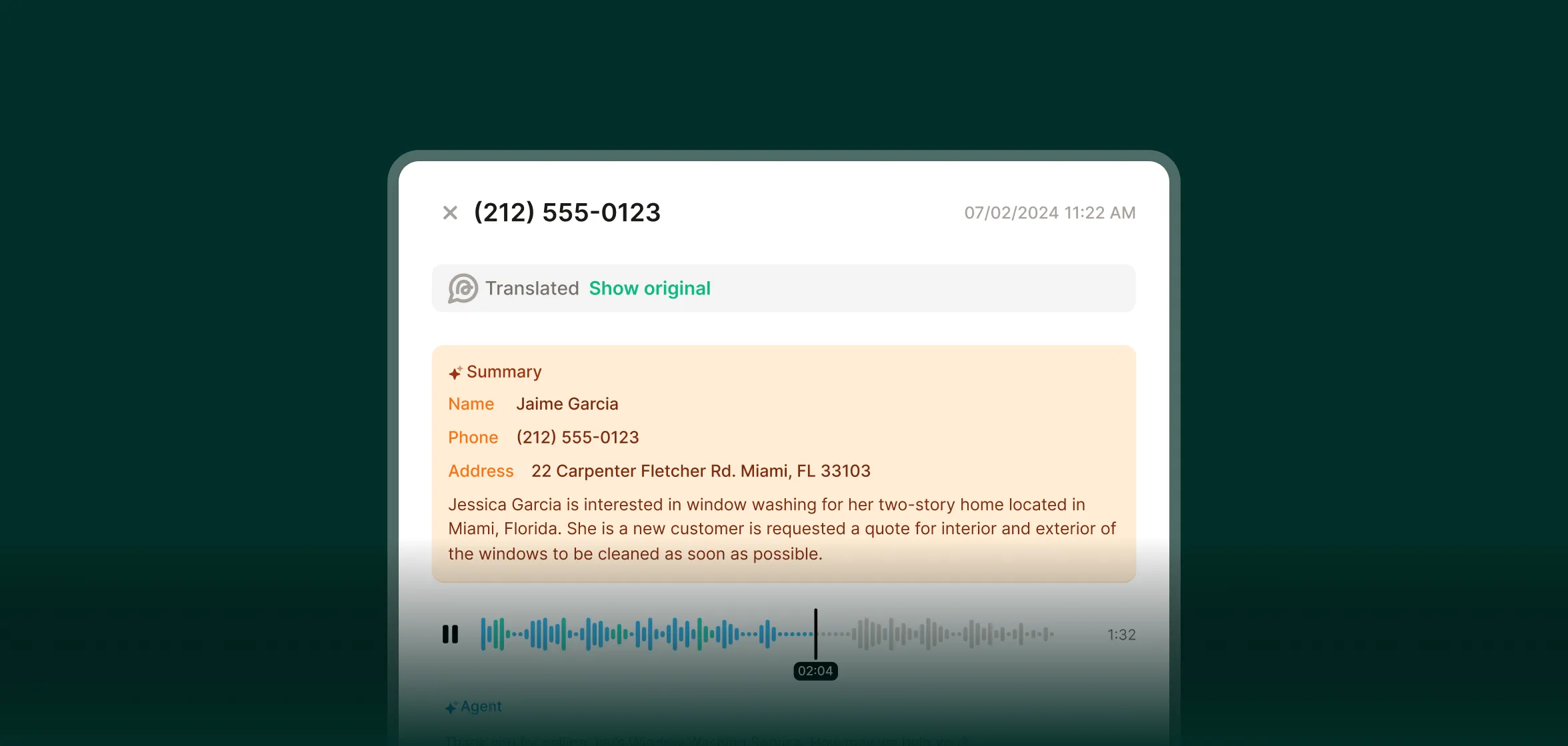 Multilingual AI receptionist call summary showing translated transcript with customer details, service request, and audio playback interface.