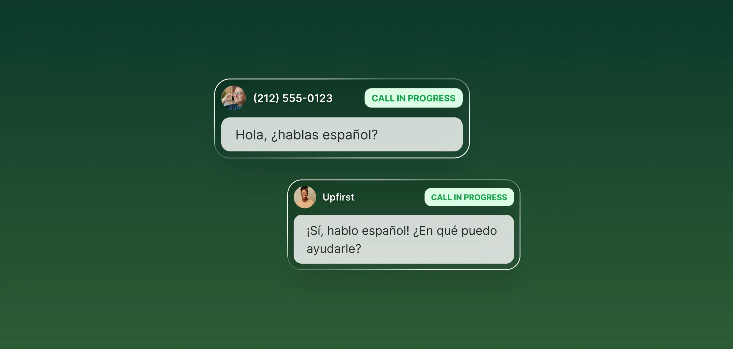 Multilingual AI receptionist automatically responding in Spanish with "¡Sí, hablo español! ¿En qué puedo ayudarle?" to caller's Spanish greeting.