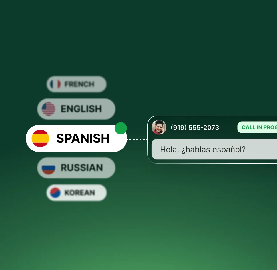 Multilingual AI receptionist interface showing Spanish language selection with "Hola, ¿hablas español?" message and active call status.