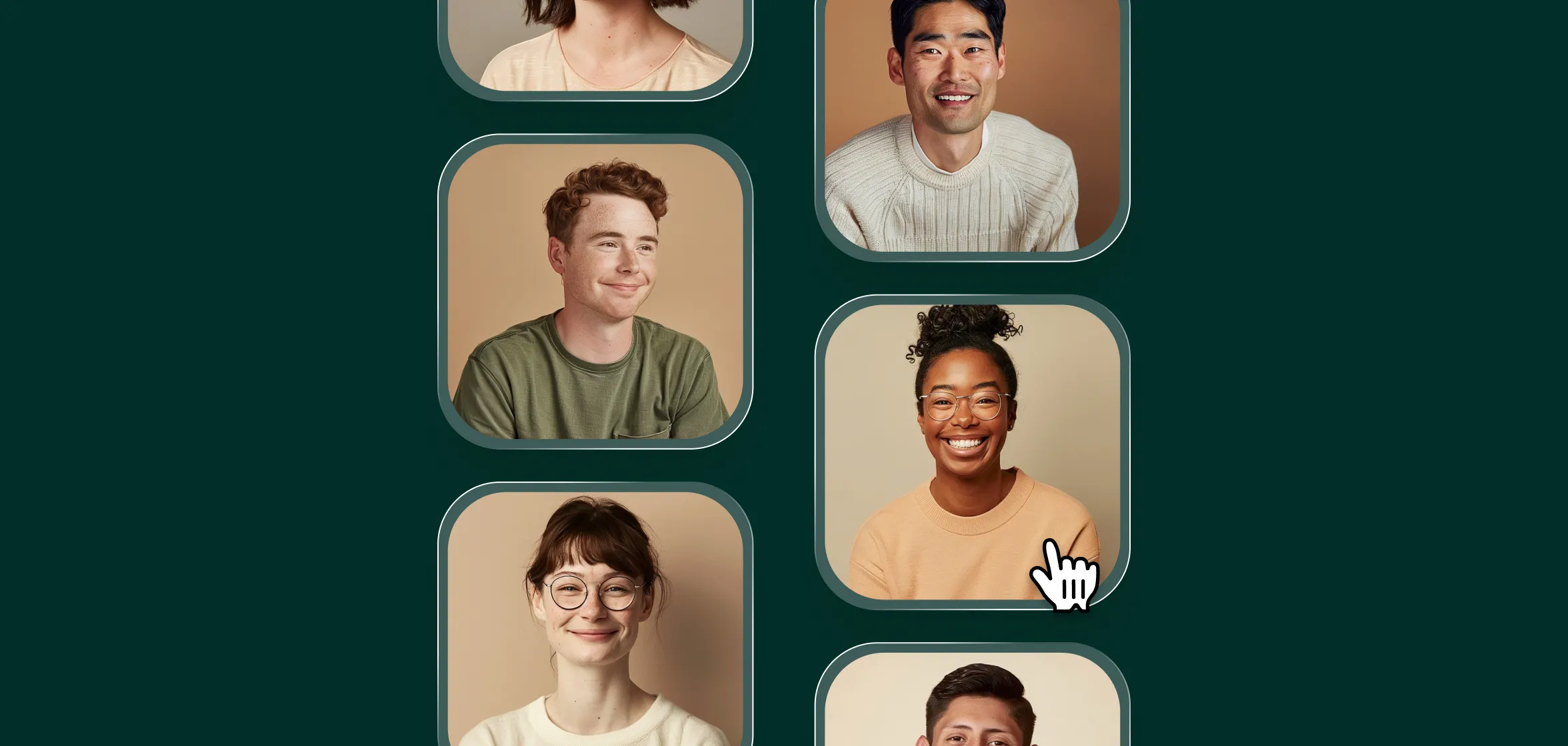 Multilingual AI receptionist voice selection screen displaying diverse agent profiles with cursor hovering over selection.