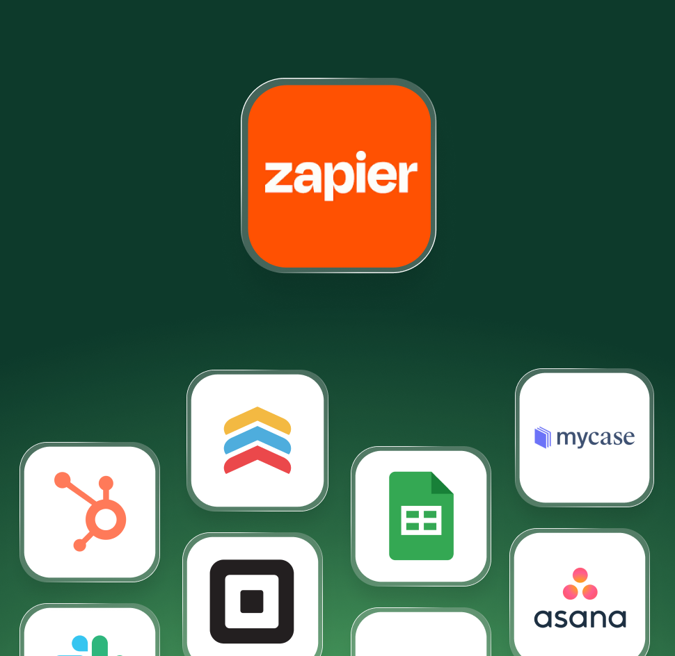 Zapier logo connecting AI receptionist to popular business apps including HubSpot, Google Sheets, Mycase, and Asana