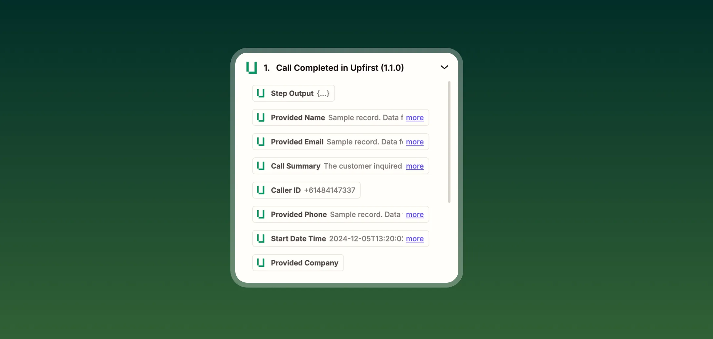 AI receptionist with Zapier integration displaying call data fields including caller name, email, phone number, and call summary