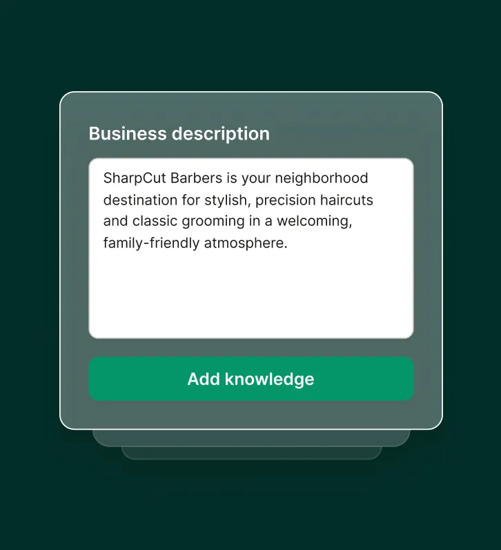Business description setup interface for configuring a barbershop answering service with custom shop information.