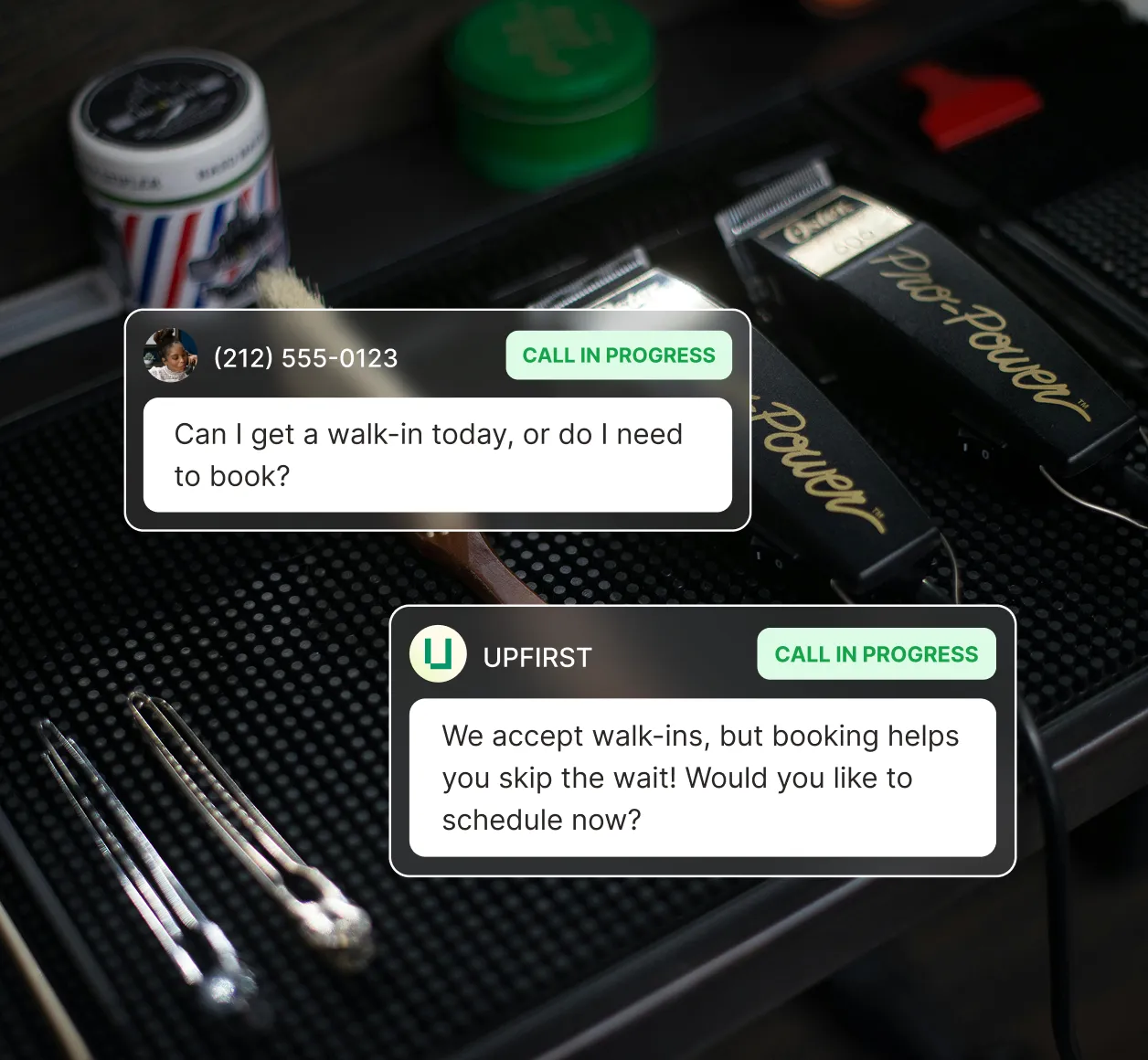 Answering service for barbershops explaining walk-in policy and encouraging phone booking to avoid wait times.