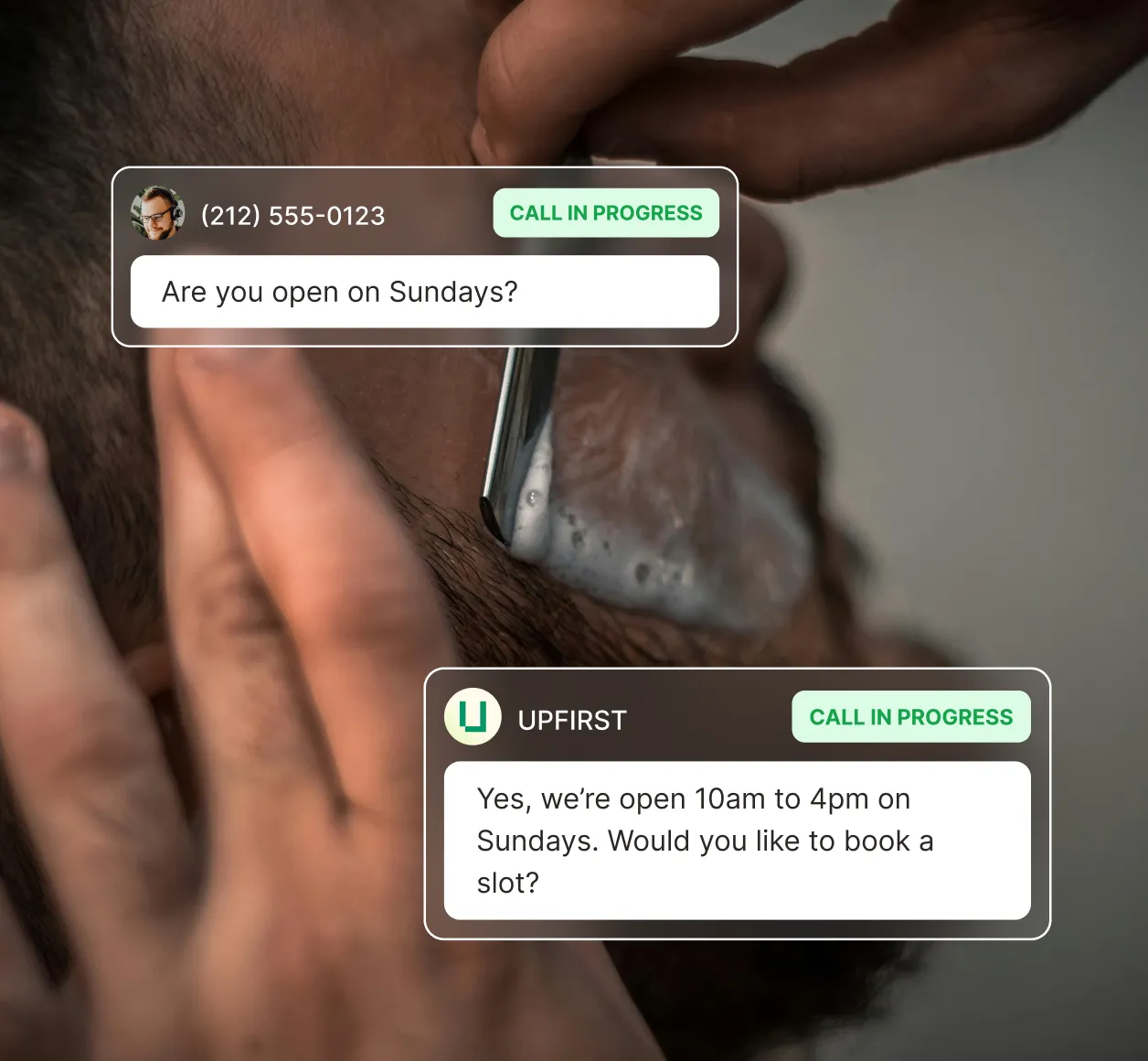 Barbershop AI receptionist informing a caller about Sunday business hours and offering to schedule an appointment.