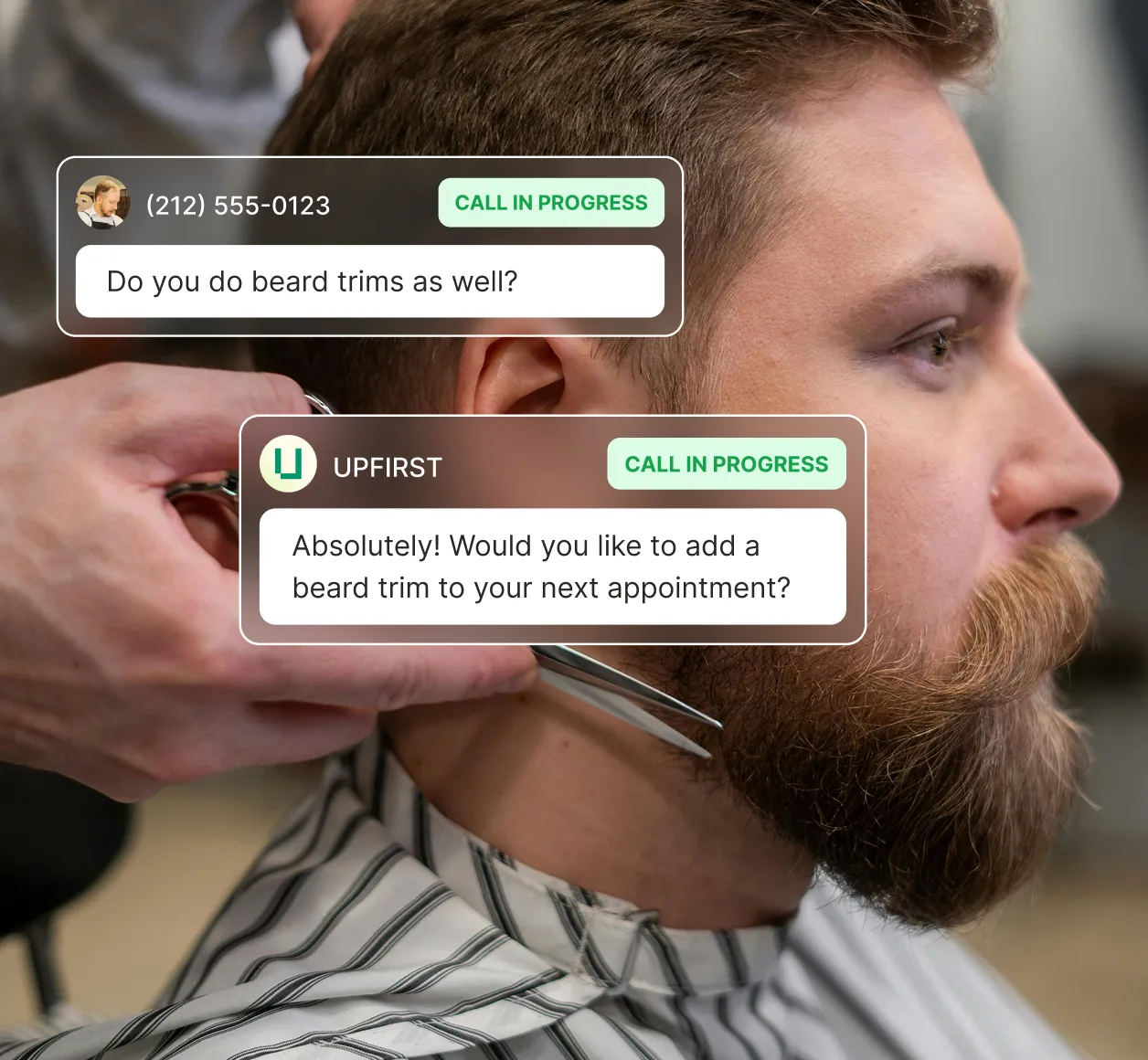 AI receptionist for barbershops asking a customer if they'd like to add a beard trim service to their appointment.