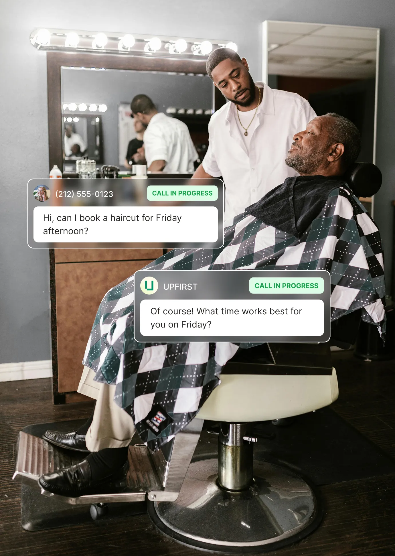 Barbershop answering service conversation showing a customer booking a Friday haircut appointment with an AI receptionist.