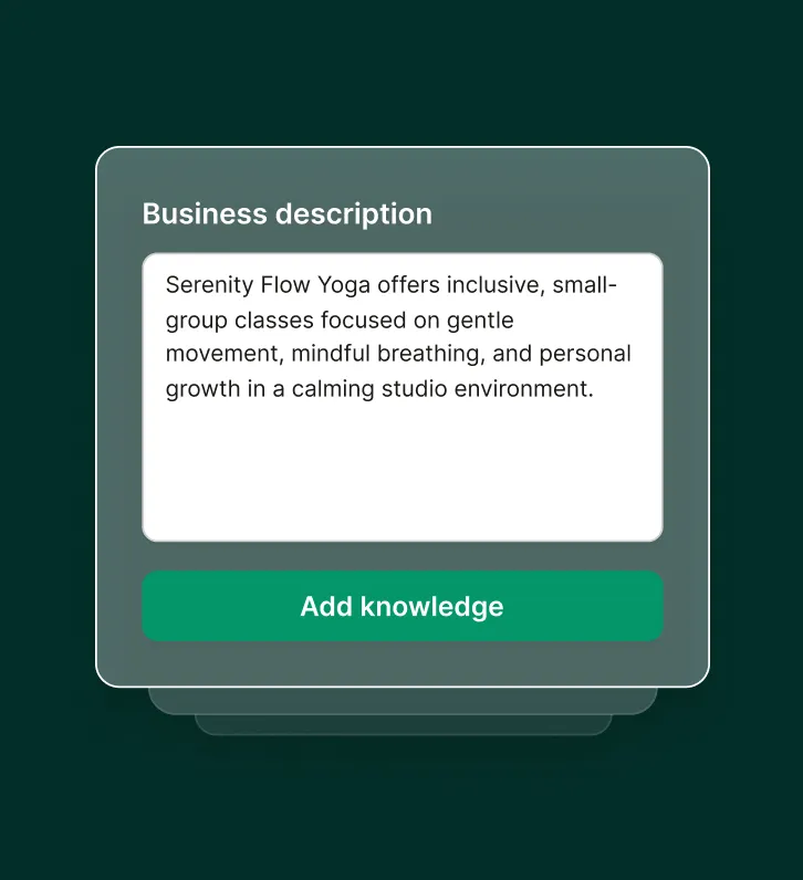 AI receptionist for yoga studio configuration screen showing business description and knowledge setup.