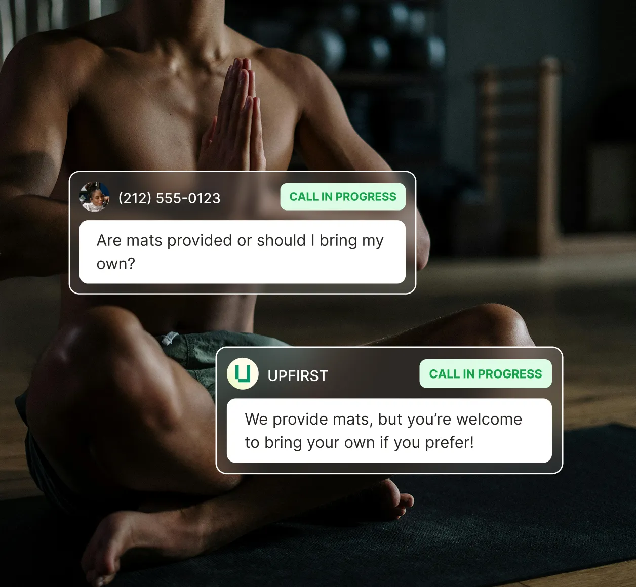 AI receptionist for yoga studio answering caller question about whether yoga mats are provided during class.