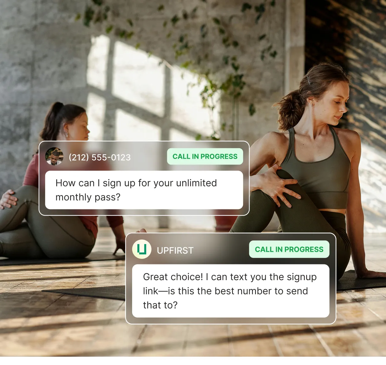 Yoga studio answering service collecting phone number to send membership signup link to caller.