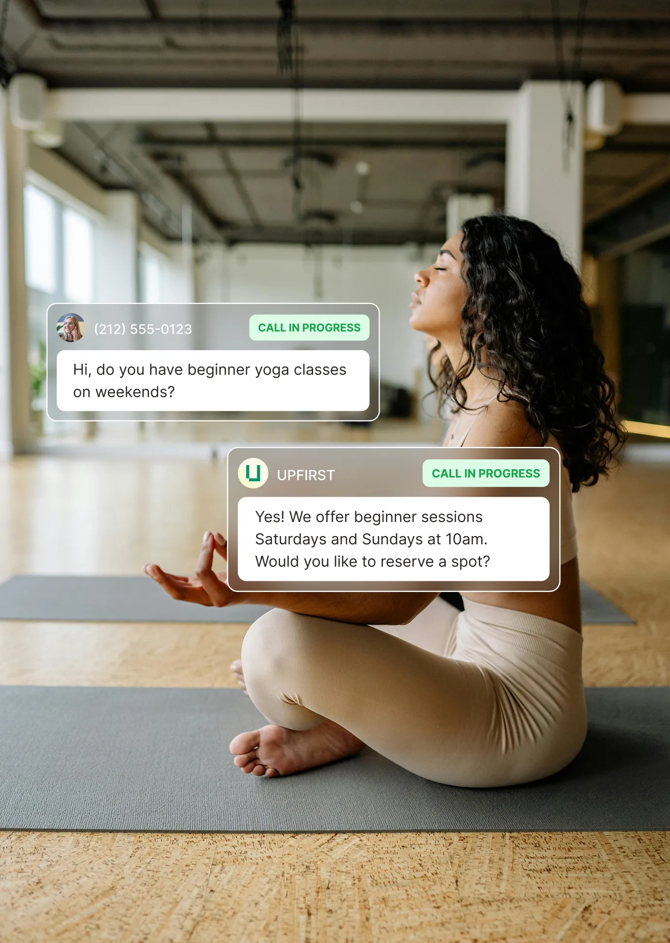 AI receptionist for yoga studio providing beginner class schedule for weekend sessions.