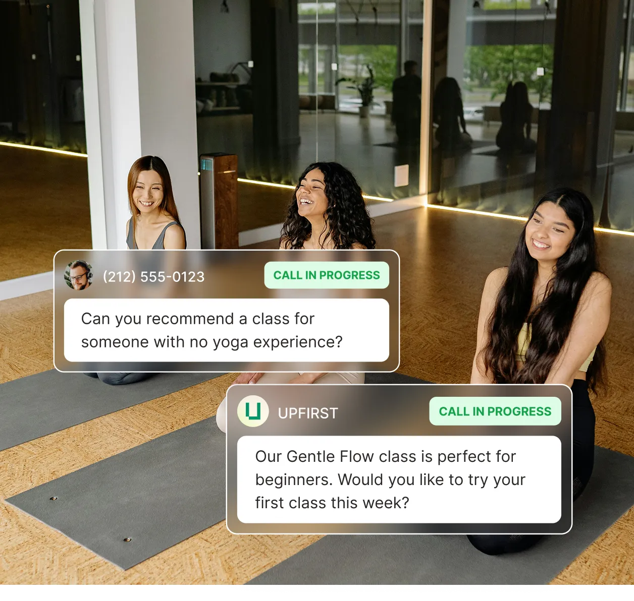 Yoga studio answering service recommending beginner-friendly Gentle Flow class to new caller.