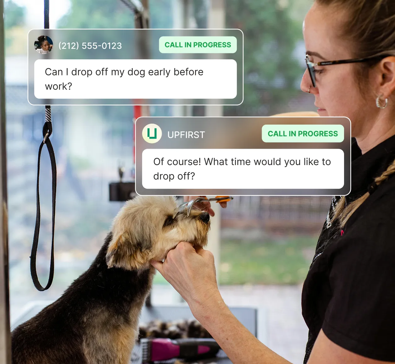 Pet grooming answering service confirming early morning drop-off time with customer.