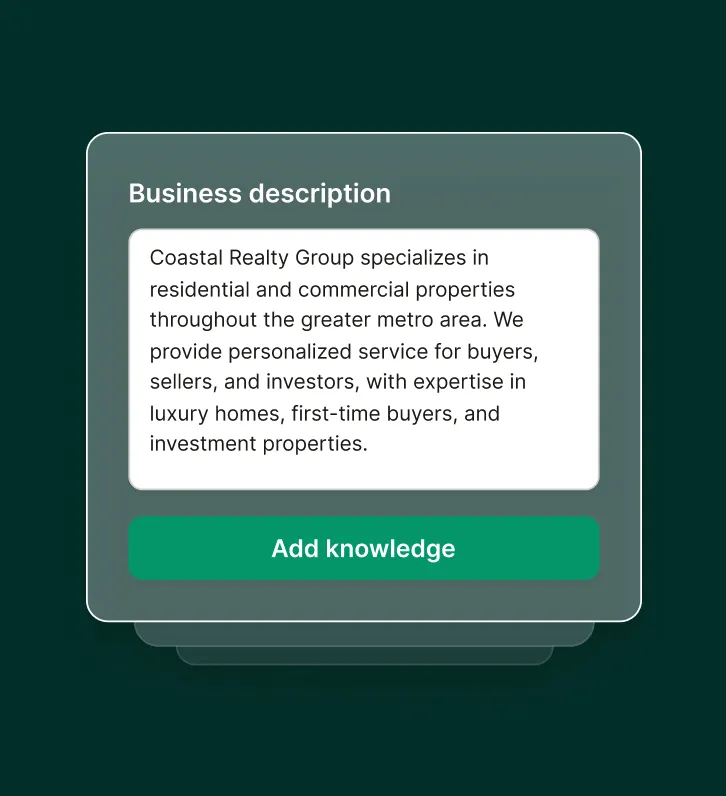 A real estate answering service form displays a business description ready to add to the agent's knowledge.